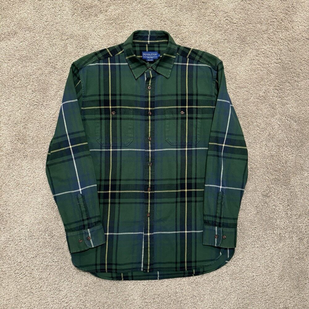 Vintage Pendleton Green Plaid Flannel Button Up Shirt Size Medium